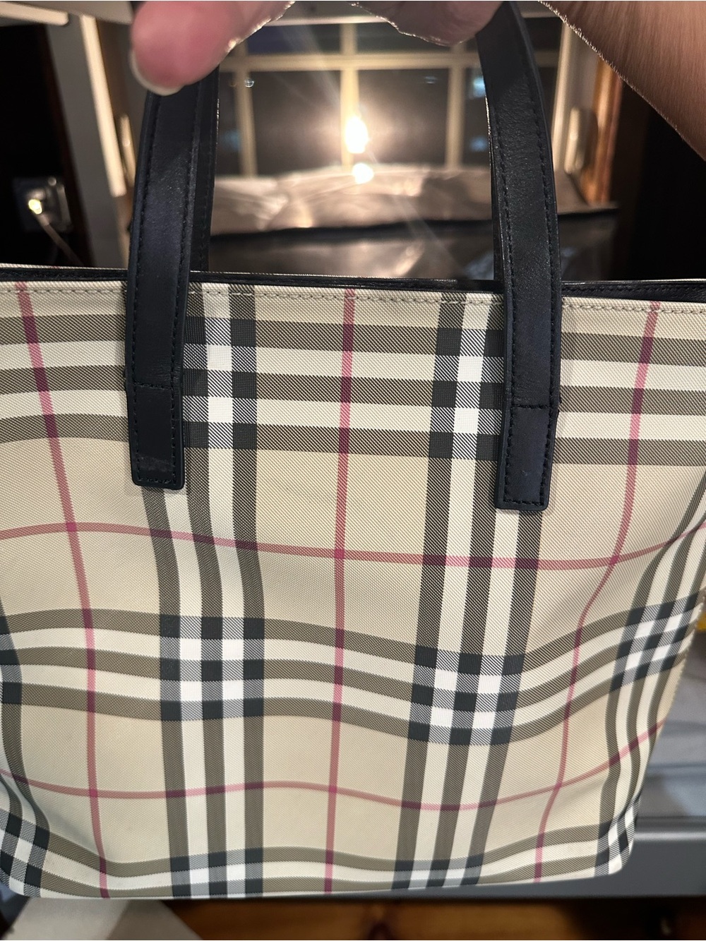 Burberry Beige Plaid Tote with Black Handles